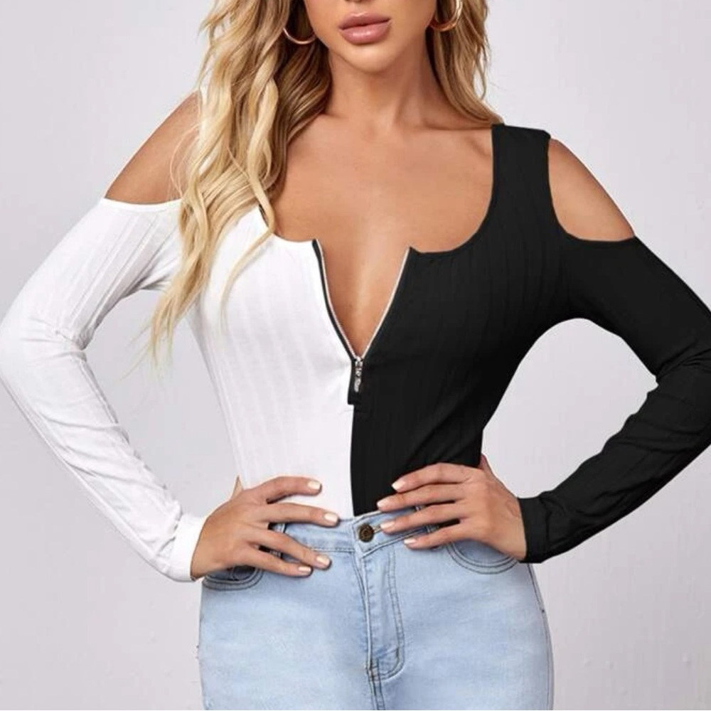 SHEIN Mulvari Colorblock Cold Shoulder Zipper Tee